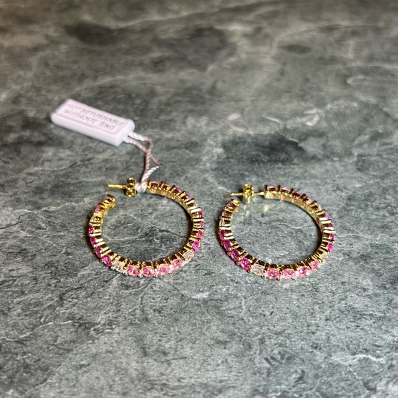 Hoop Earrings Gold Plated Adina Eden Jewels Pink Multi Colored Round Stone NWT - Picture 9 of 12